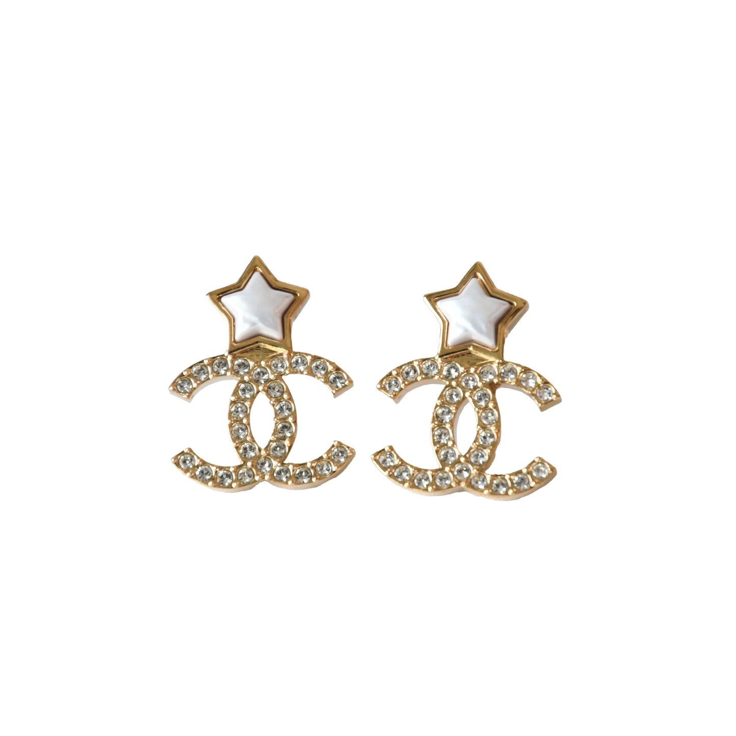 Chanel Pearl Star with CC Crystal Strass Stud Earrings Gold-NOBLEMARS