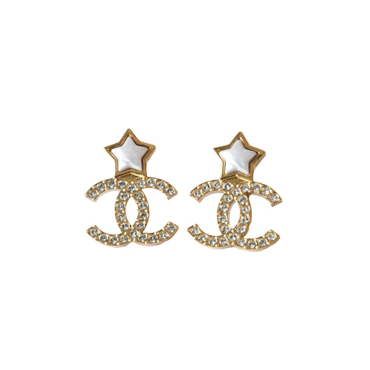 Chanel Pearl Star with CC Crystal Strass Stud Earrings Gold-NOBLEMARS