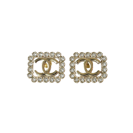 Chanel CC Crystal Strass Rectangular Stud Earrings Gold-NOBLEMARS