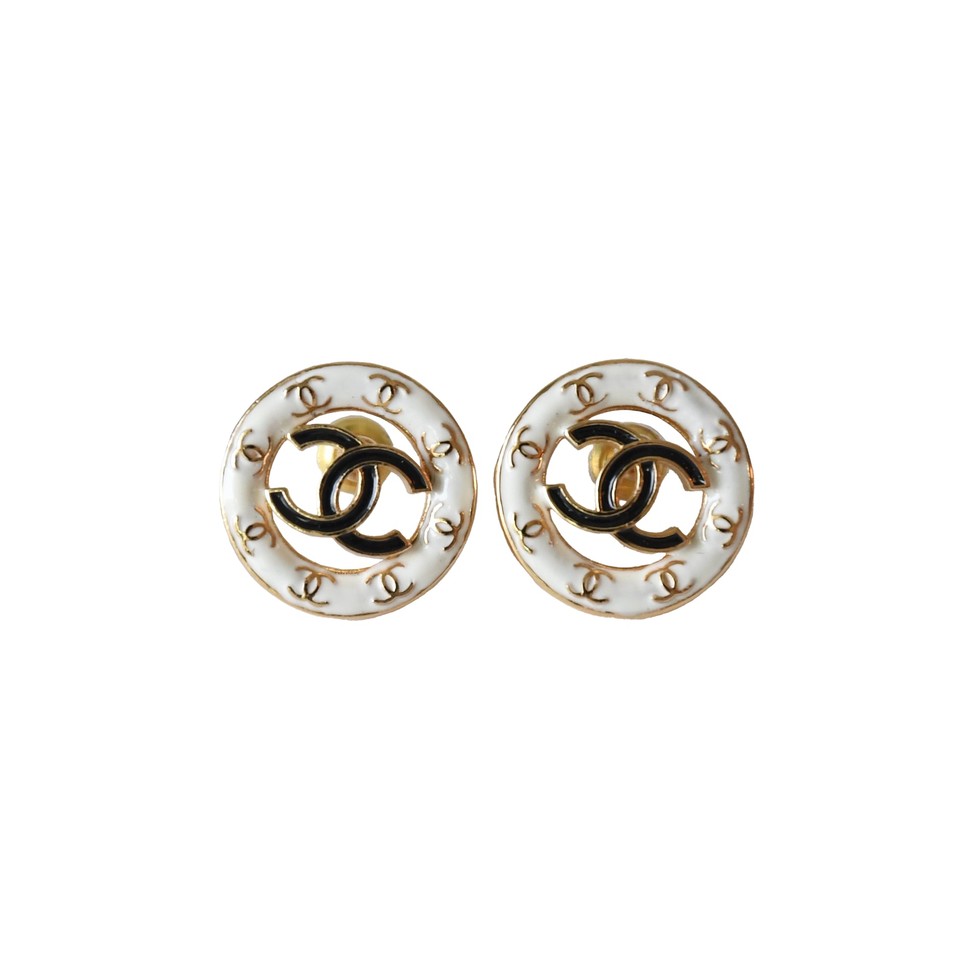 Chanel 24P Metal Enamel CC Round Stud Earrings Gold White Black-NOBLEMARS