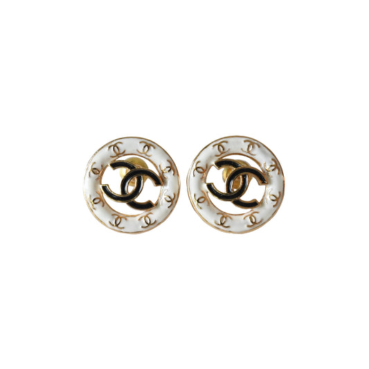 Chanel 24P Metal Enamel CC Round Stud Earrings Gold White Black-NOBLEMARS