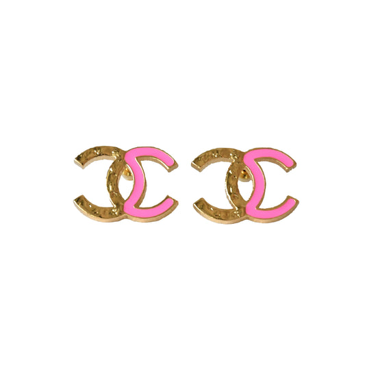 Chanel Enamel CC Two Tone Stud Earrings Pink Gold-NOBLEMARS