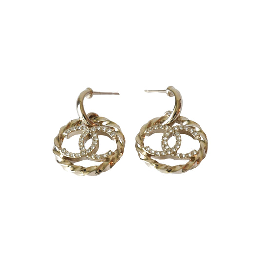 Chanel Twist Crystal CC Drop Round Earrings Gold-NOBLEMARS