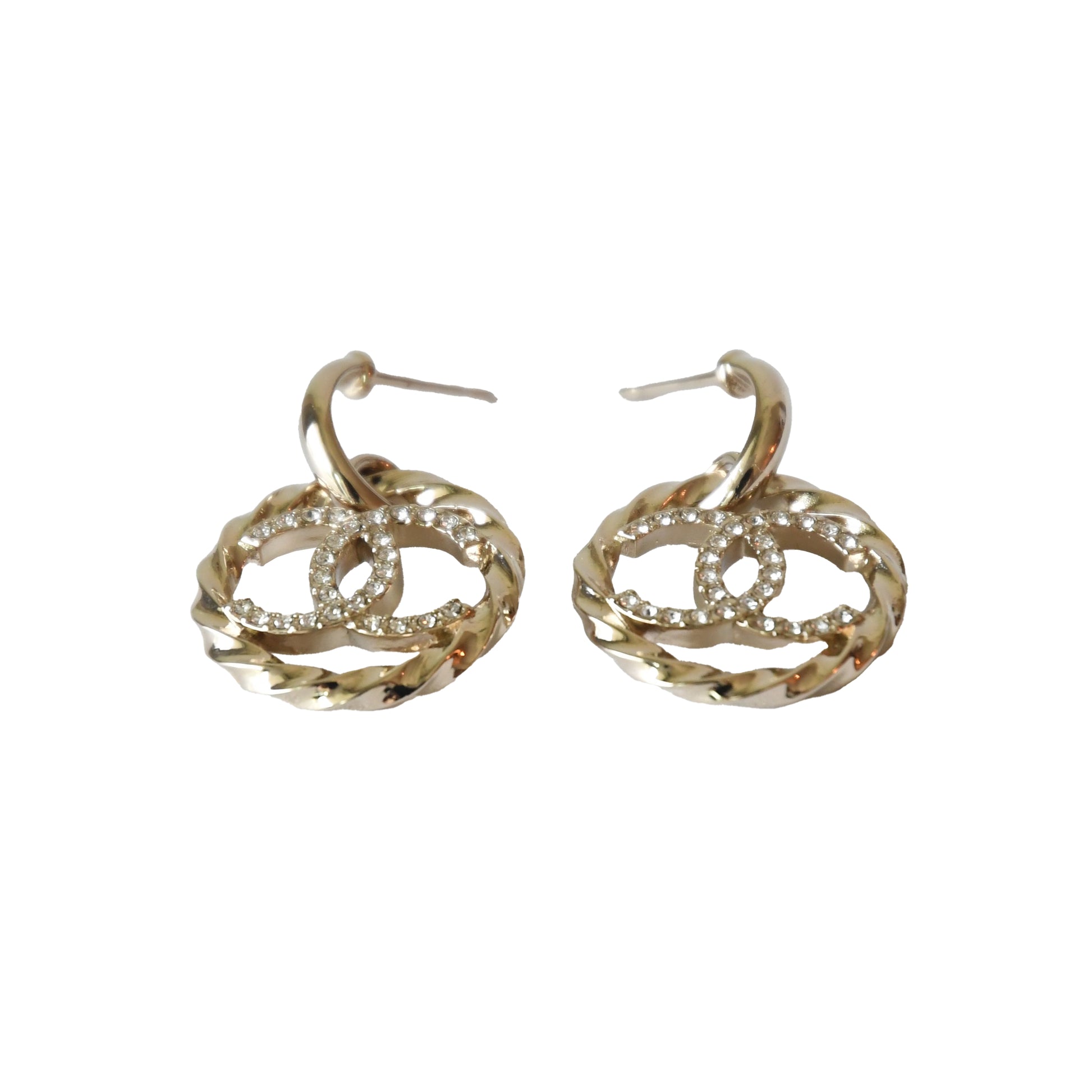 Chanel Twist Crystal CC Drop Round Earrings Gold-NOBLEMARS