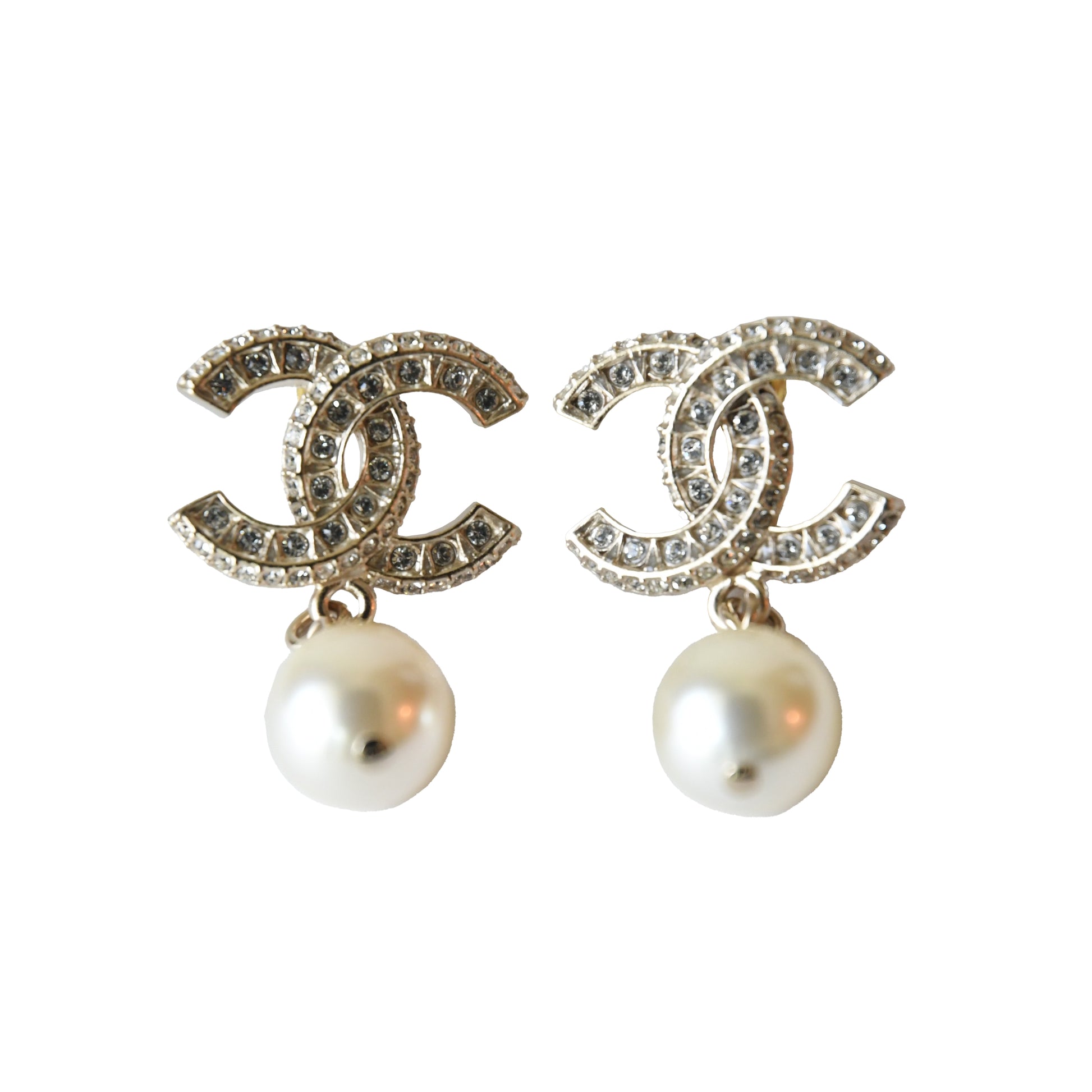 Chanel CC Crystal Strass with Pearl Drop Earrings Gold-NOBLEMARS