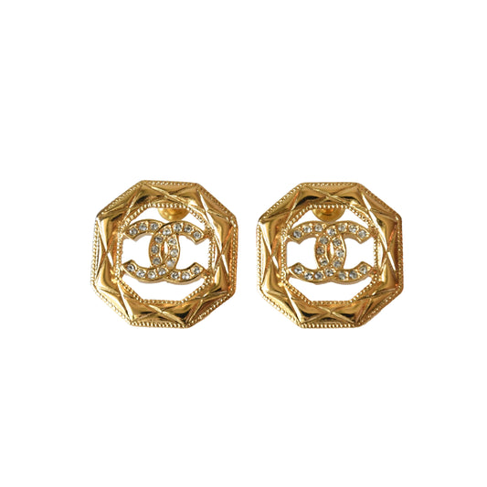 Chanel 24A CC Crystal Strass Octagonal Stud Earrings Gold-NOBLEMARS