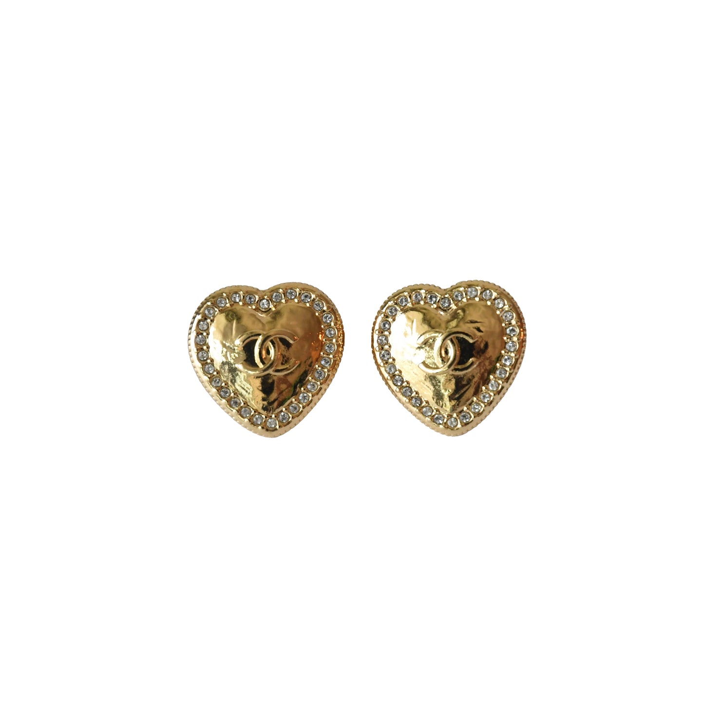 Chanel Crystal Strass CC Metal Heart Stud Earrings Gold-NOBLEMARS