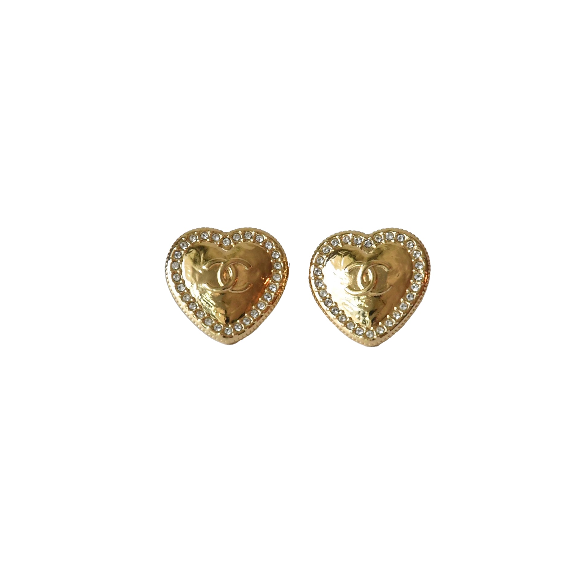 Chanel Crystal Strass CC Metal Heart Stud Earrings Gold-NOBLEMARS