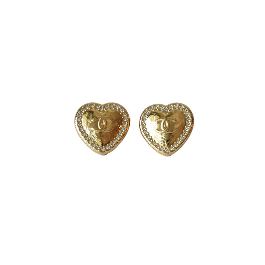 Chanel Crystal Strass CC Metal Heart Stud Earrings Gold-NOBLEMARS