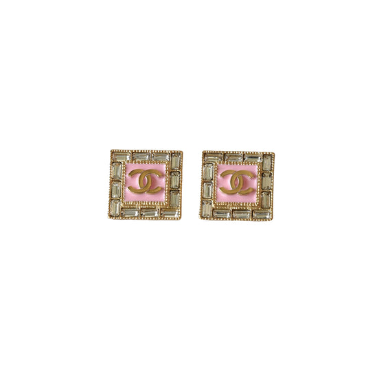 Chanel Crystal and Resin CC Square Stud Earrings Pink Gold-NOBLEMARS