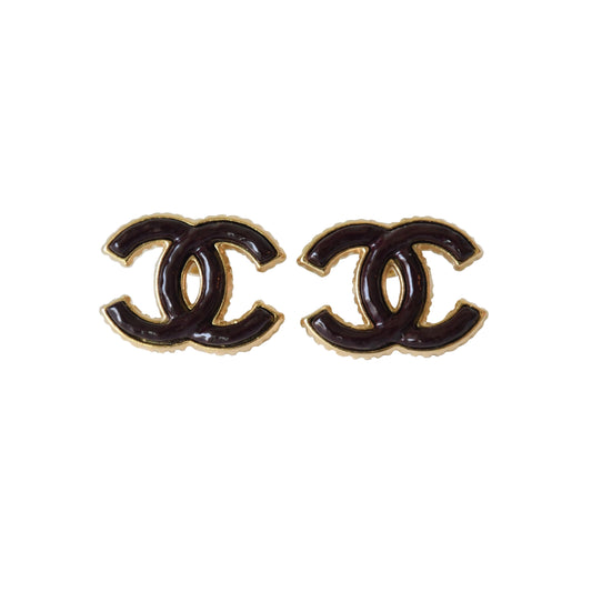 Chanel 23K Metal Enamel Resin CC Stud Earrings Brown Gold-NOBLEMARS