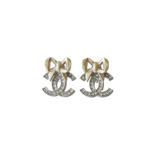 Chanel Ribbon Bow with CC Crystal Strass Stud Earrings Silver Gold-NOBLEMARS