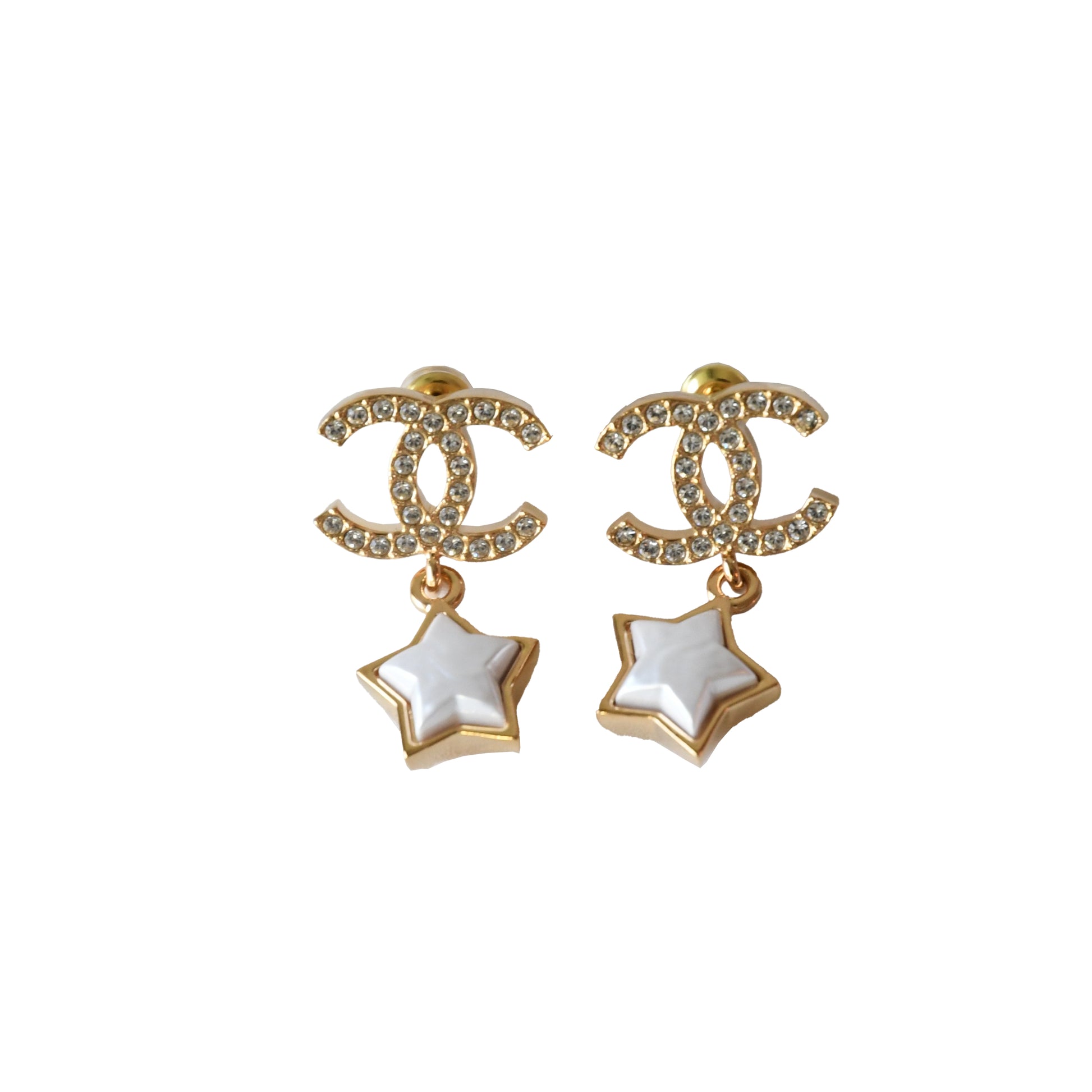 Chanel CC Crystal Strass With Pearl Star Drop Stud Earrings Gold White-NOBLEMARS