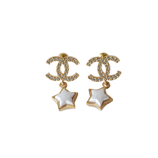 Chanel CC Crystal Strass With Pearl Star Drop Stud Earrings Gold White-NOBLEMARS