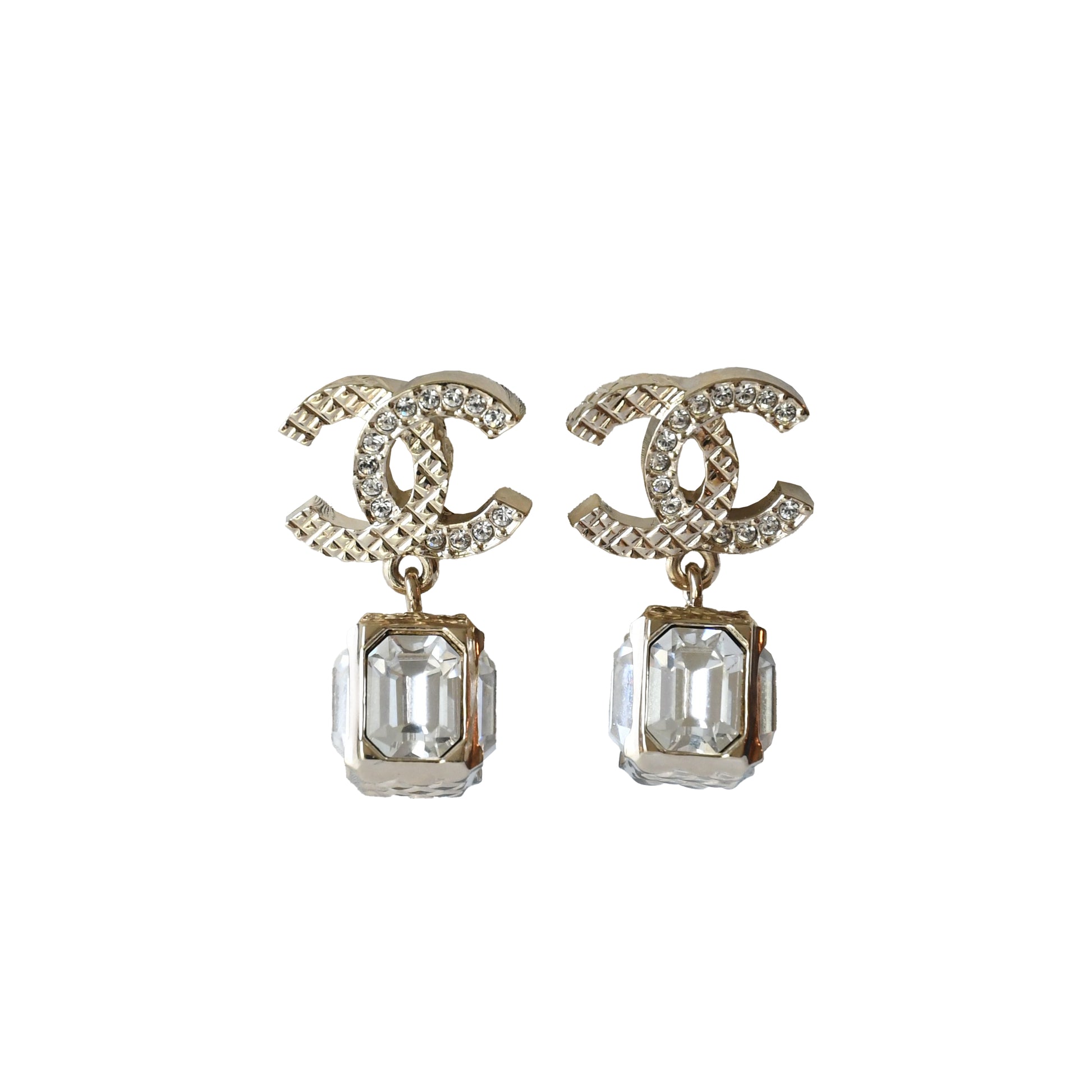 Chanel CC Crystal Strass Cube Drop Stud Earrings Gold-NOBLEMARS