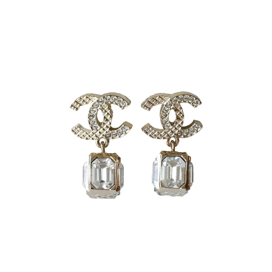 Chanel CC Crystal Strass Cube Drop Stud Earrings Gold-NOBLEMARS