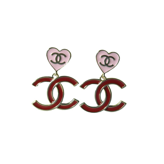 Chanel 24A Metal Enamel CC Heart Drop Earrings Gold Pink Red-NOBLEMARS