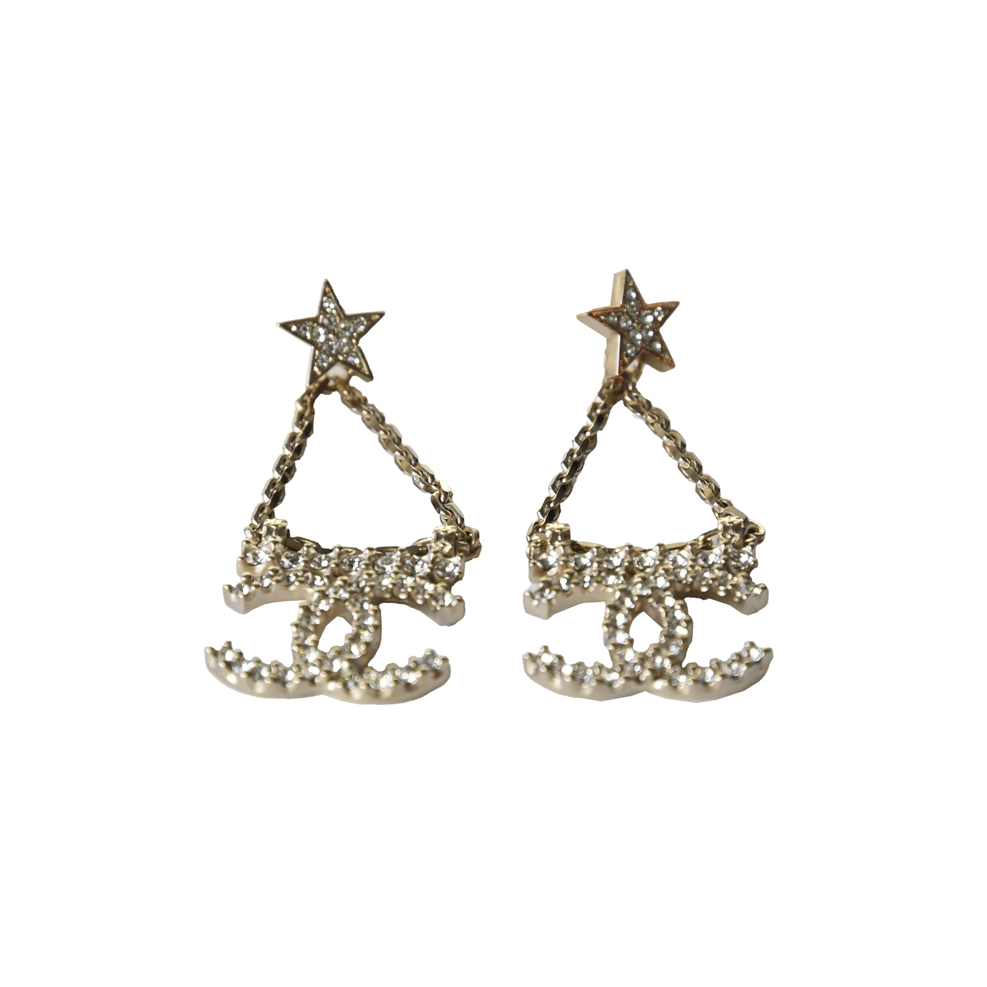 Chanel Crystal Strass Star CC Drop Earrings Gold-NOBLEMARS