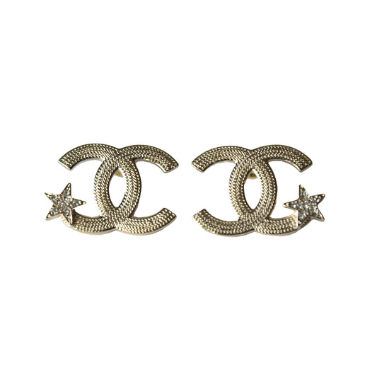 Chanel 23B CC Crystal Strass Star Stud Earrings Gold-NOBLEMARS