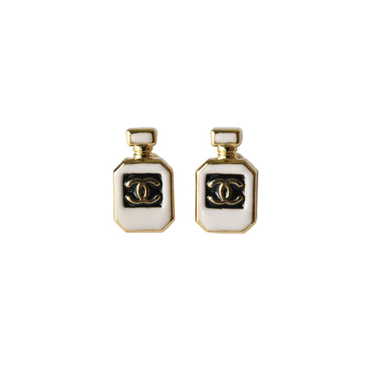 Chanel Resin CC Perfume Bottle Stud Earrings Gold White Black-NOBLEMARS