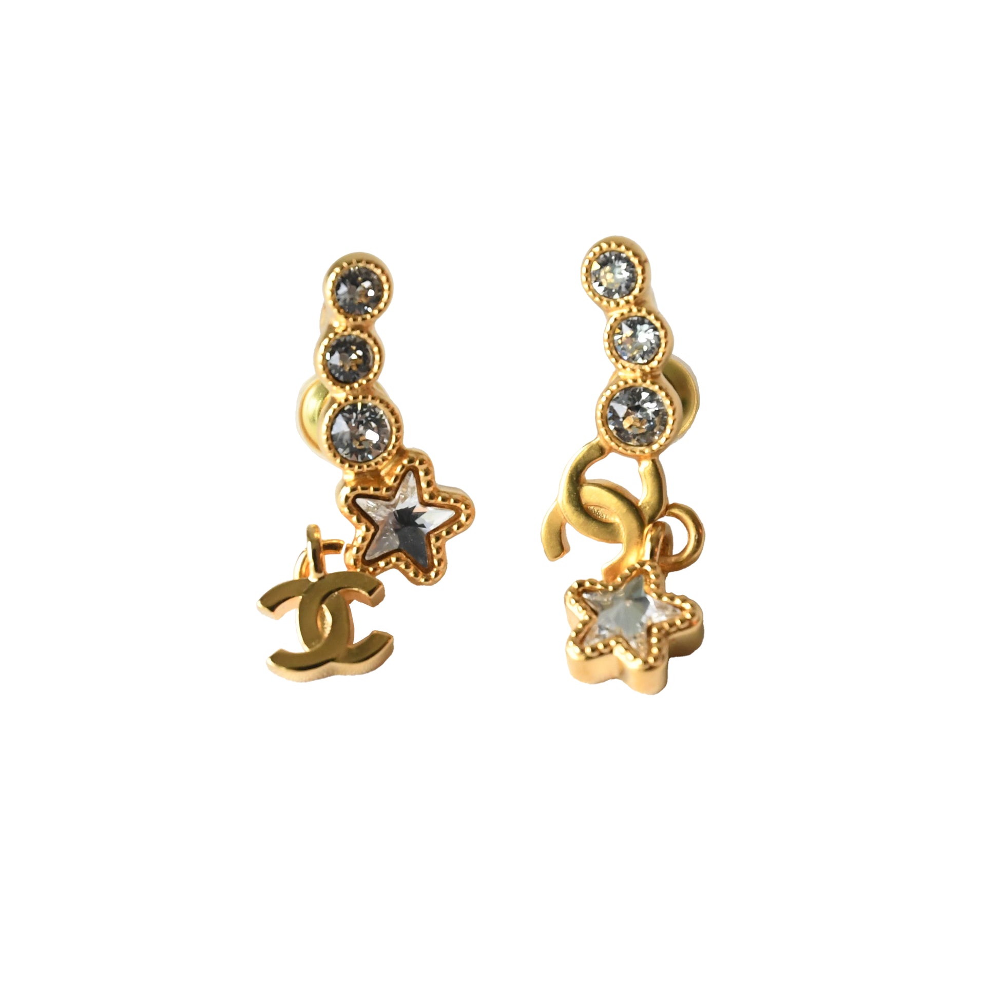 Chanel Crystal Strass CC Star Climber Earrings Gold-NOBLEMARS