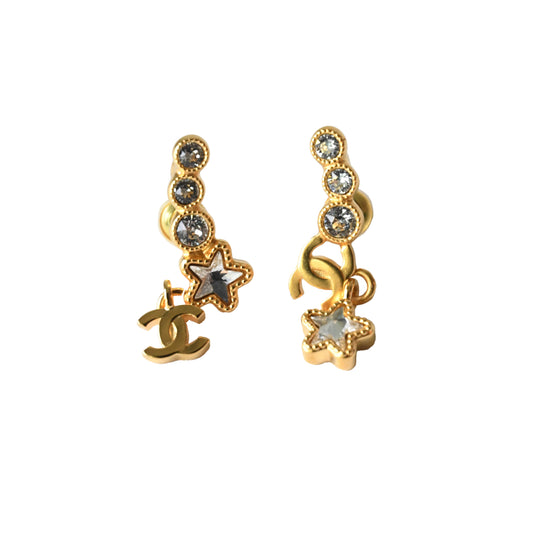 Chanel Crystal Strass CC Star Climber Earrings Gold-NOBLEMARS
