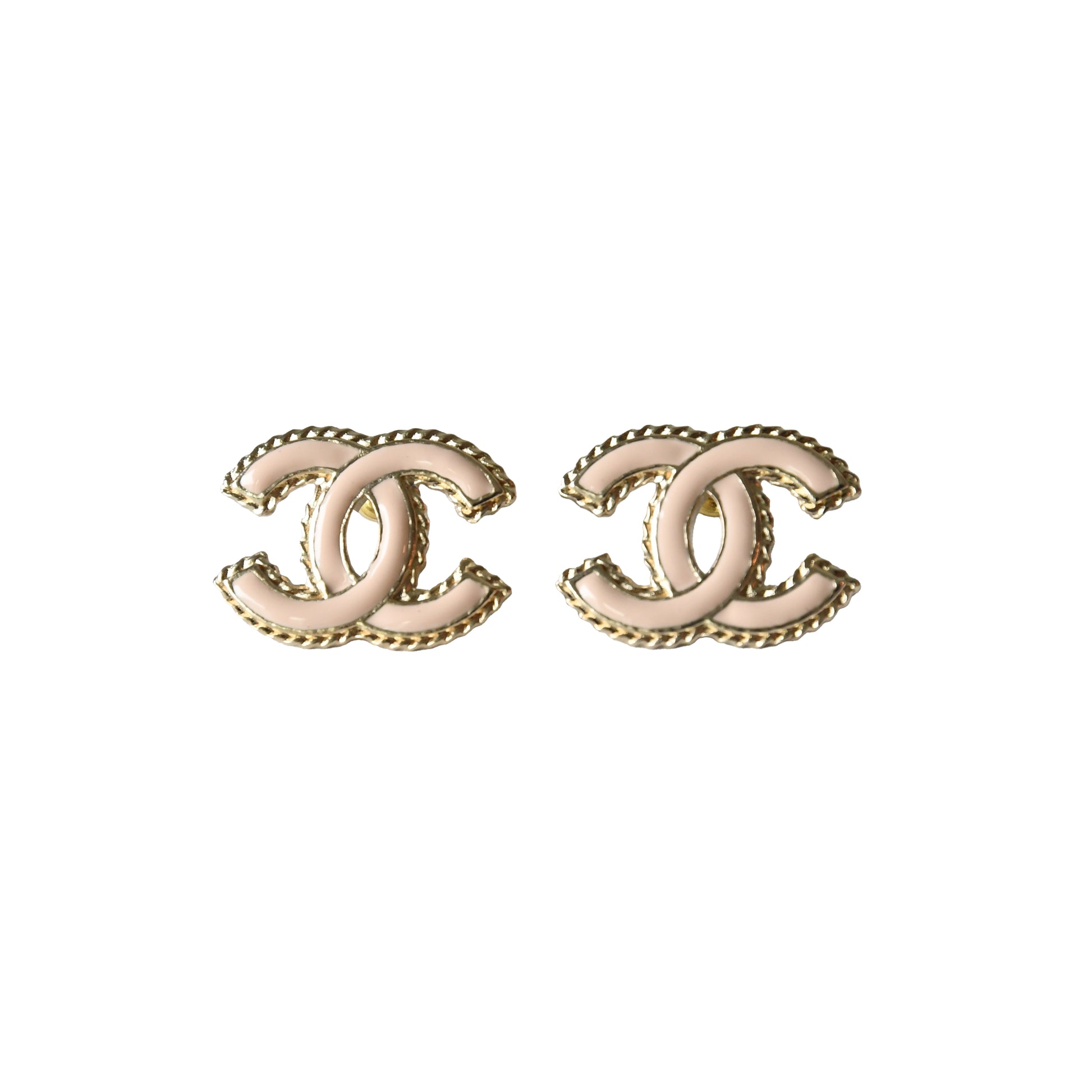 Chanel 24P Metal Resin Rope CC Stud Earrings Gold Light Pink-NOBLEMARS