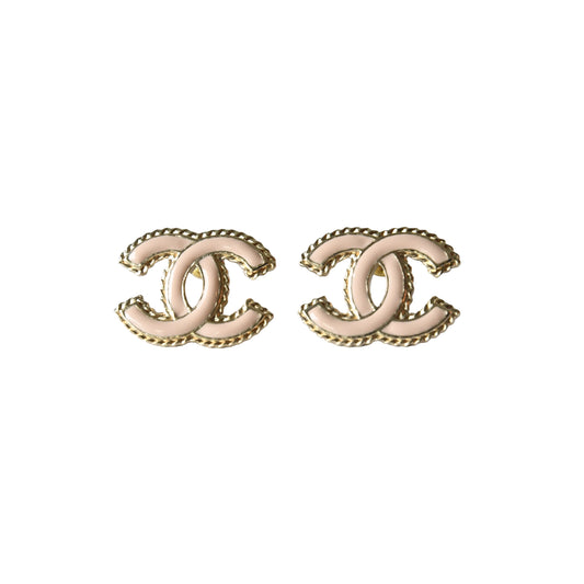 Chanel 24P Metal Resin Rope CC Stud Earrings Gold Light Pink-NOBLEMARS