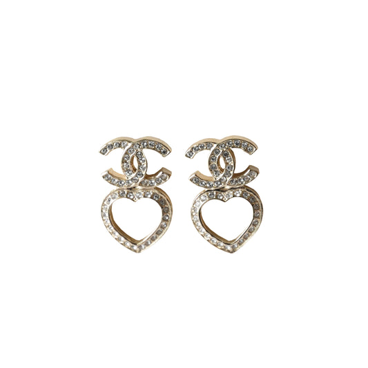 Chanel Crystal Strass CC Heart Stud Earrings Light Gold-NOBLEMARS