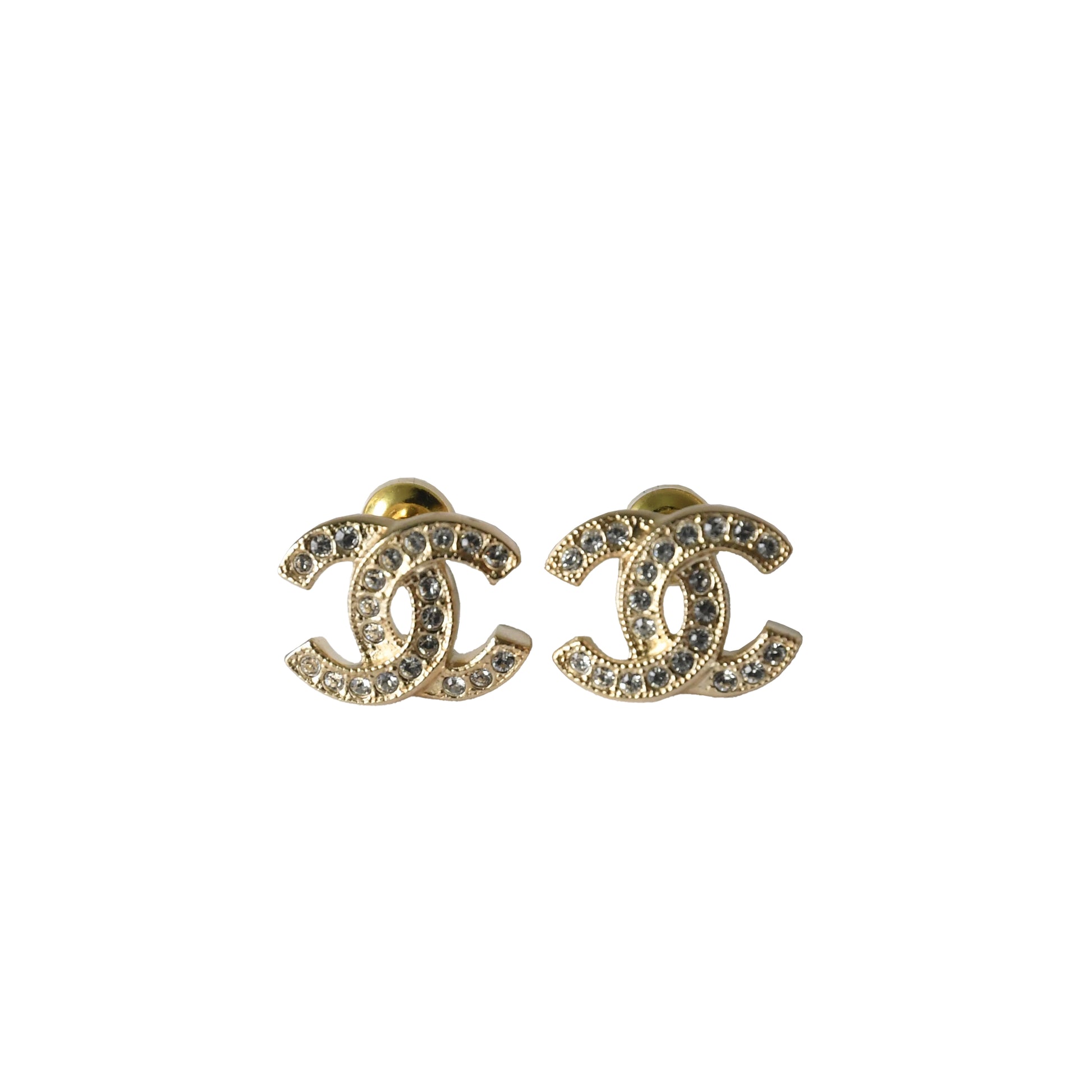 Chanel Crystal Strass CC Stud Earrings Gold-NOBLEMARS