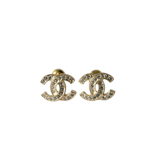 Chanel Crystal Strass CC Stud Earrings Gold-NOBLEMARS