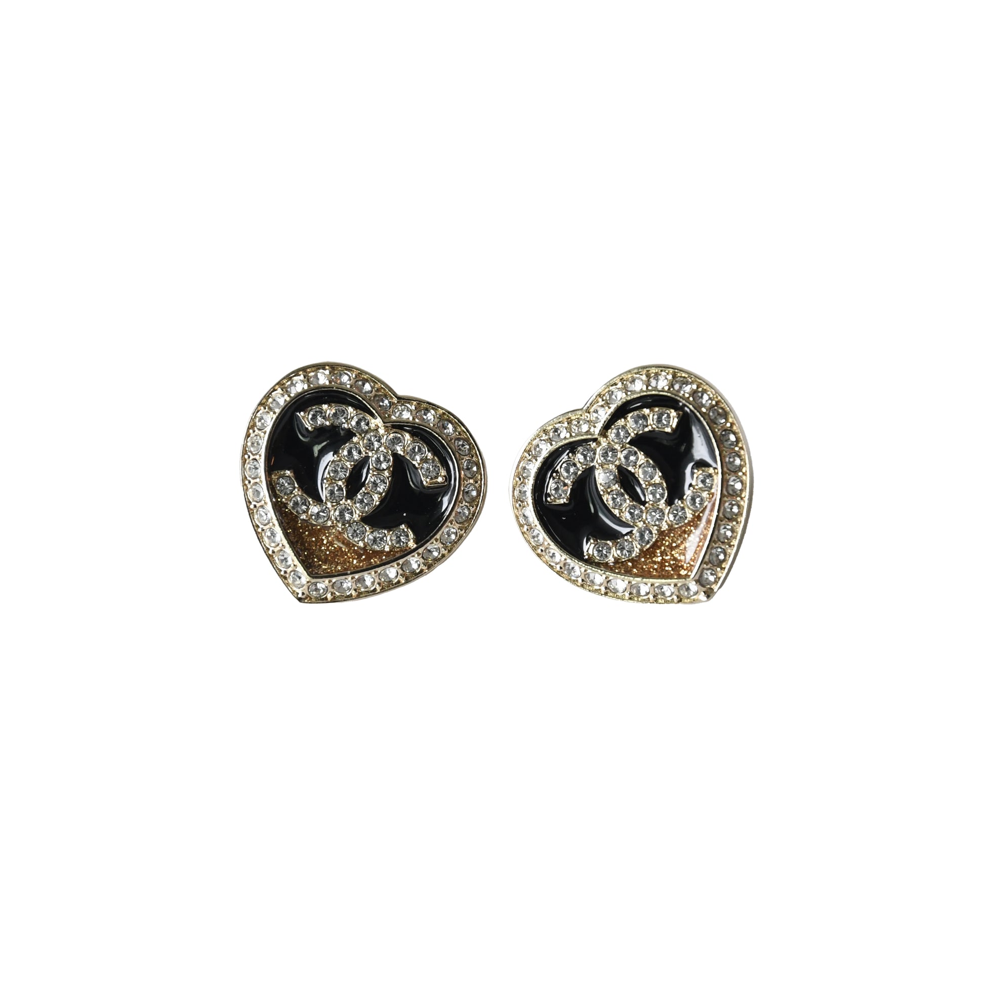Chanel 23B CC Crystal Strass Resin Heart Stud Earrings Black Gold-NOBLEMARS
