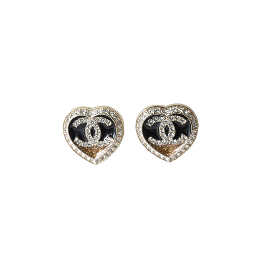 Chanel 23B CC Crystal Strass Resin Heart Stud Earrings Black Gold-NOBLEMARS