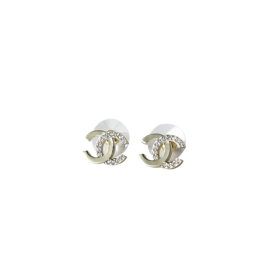 Chanel Metal and Crystal Strass CC Stud Earrings Gold-NOBLEMARS