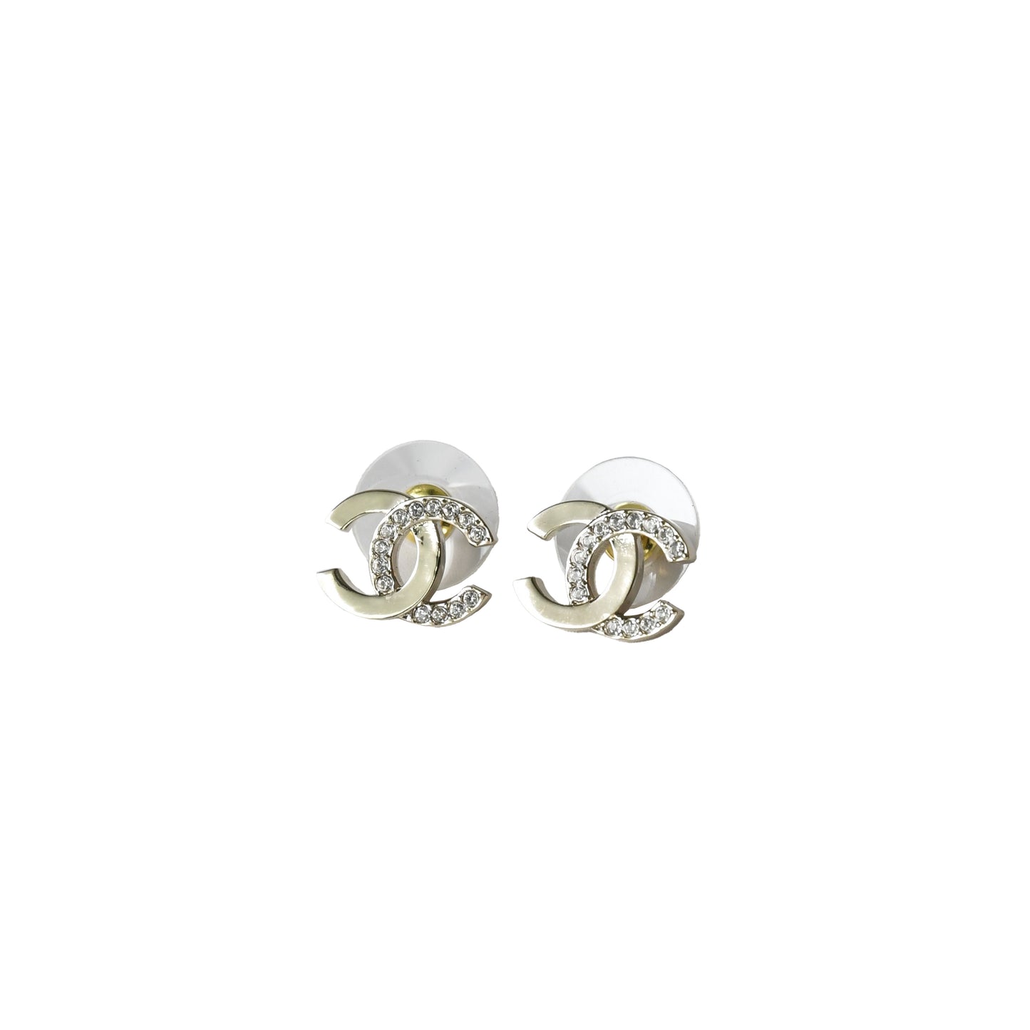 Chanel Metal and Crystal Strass CC Stud Earrings Gold-NOBLEMARS