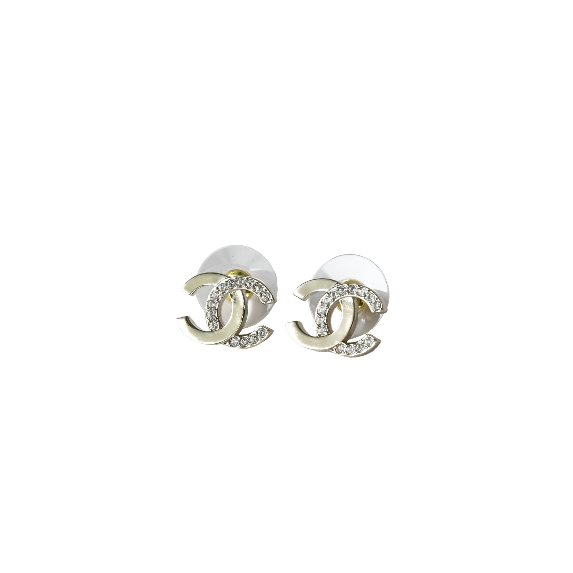 Chanel Metal and Crystal Strass CC Stud Earrings Gold-NOBLEMARS