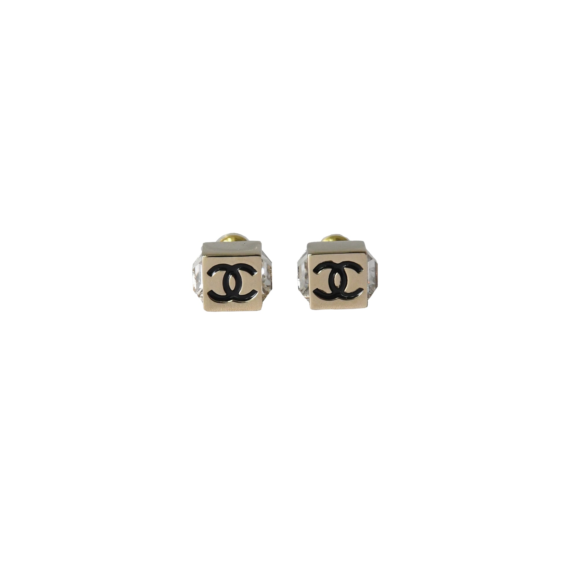 Chanel CC Metal Enamel With Crystal Strass Square Stud Earrings Gold-NOBLEMARS