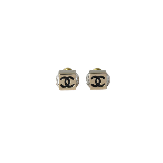 Chanel CC Metal Enamel With Crystal Strass Square Stud Earrings Gold-NOBLEMARS