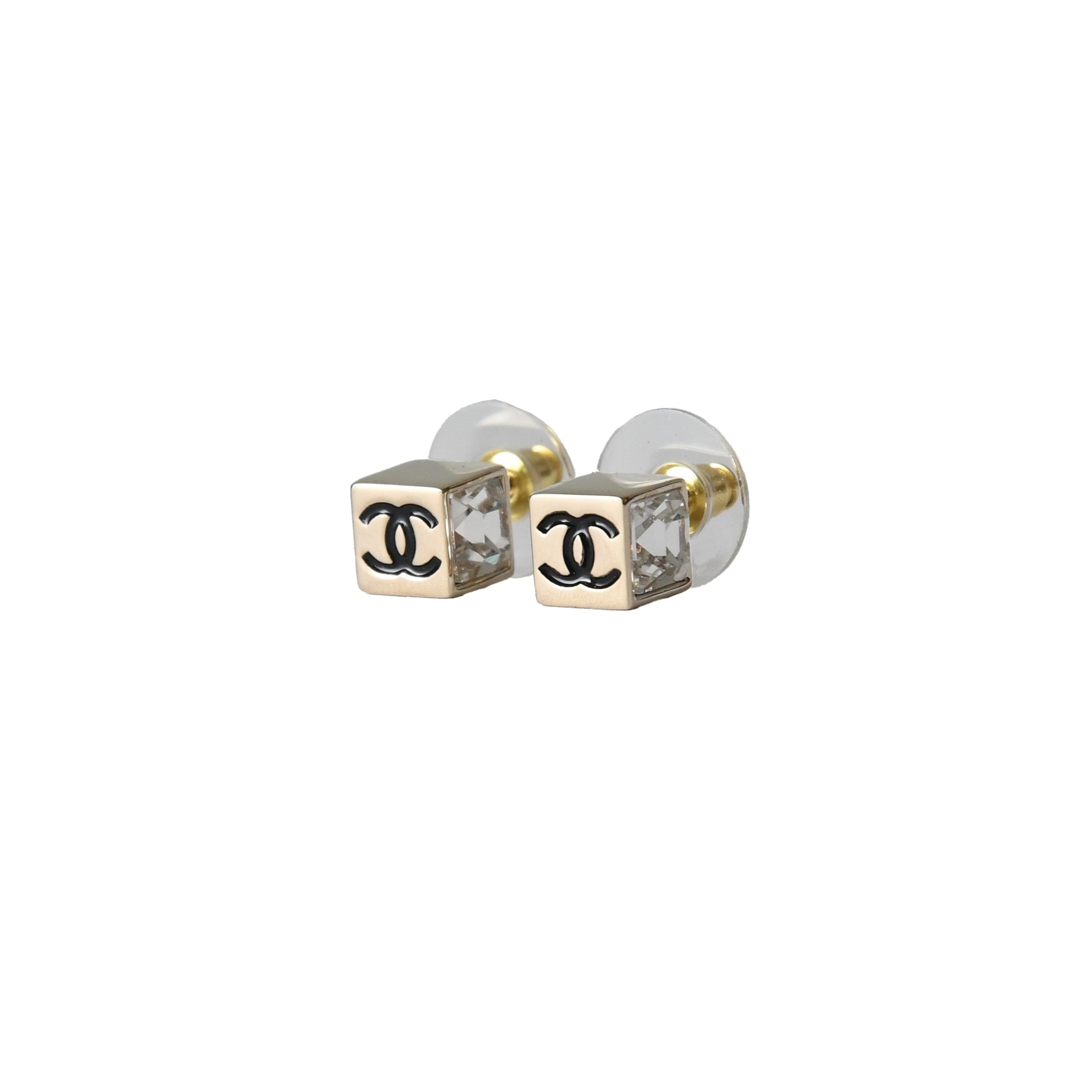 Chanel CC Metal Enamel With Crystal Strass Square Stud Earrings Gold-NOBLEMARS