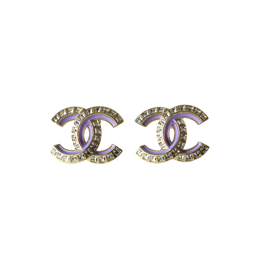 Chanel CC Crystal Strass Stud Earrings Purple Gold-NOBLEMARS
