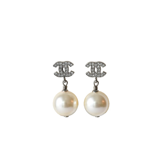 Chanel CC Crystal Strass with Pearl Drop Earrings Sliver-NOBLEMARS