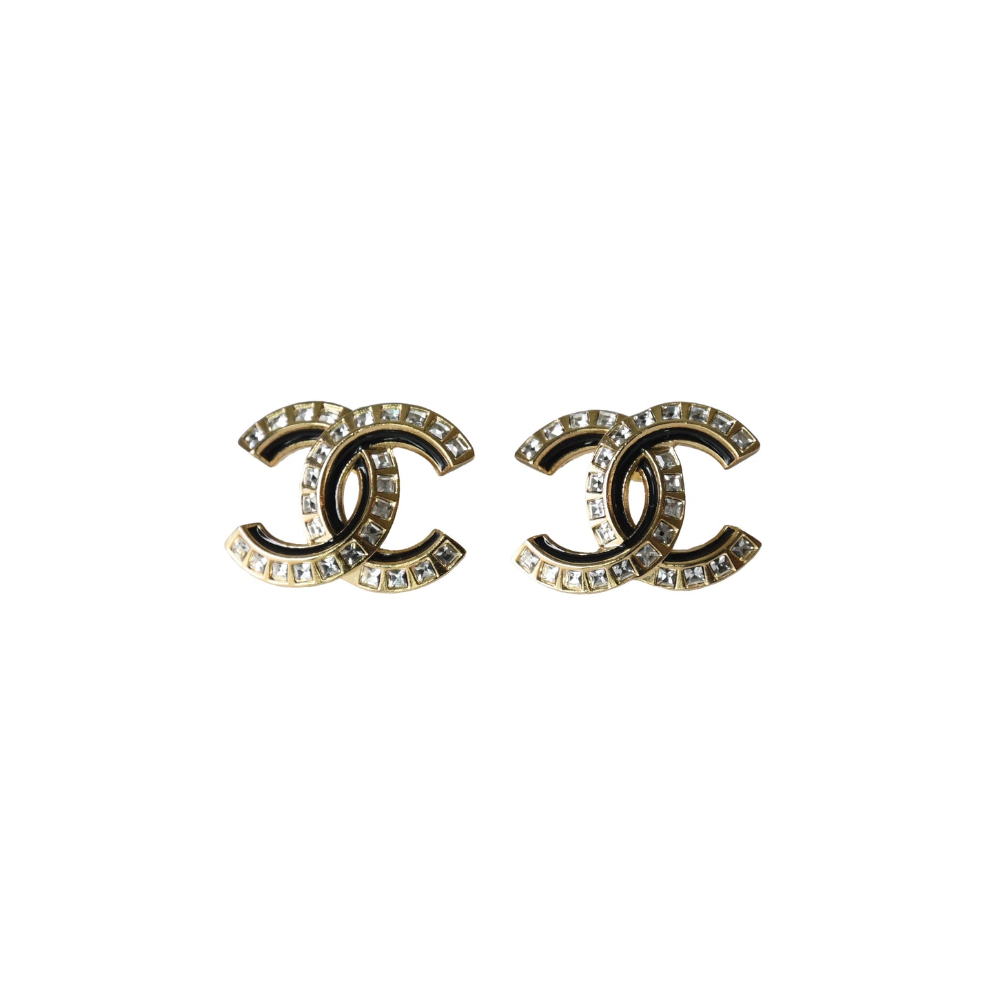 Chanel CC Crystal Strass Stud Earrings Black Gold-NOBLEMARS