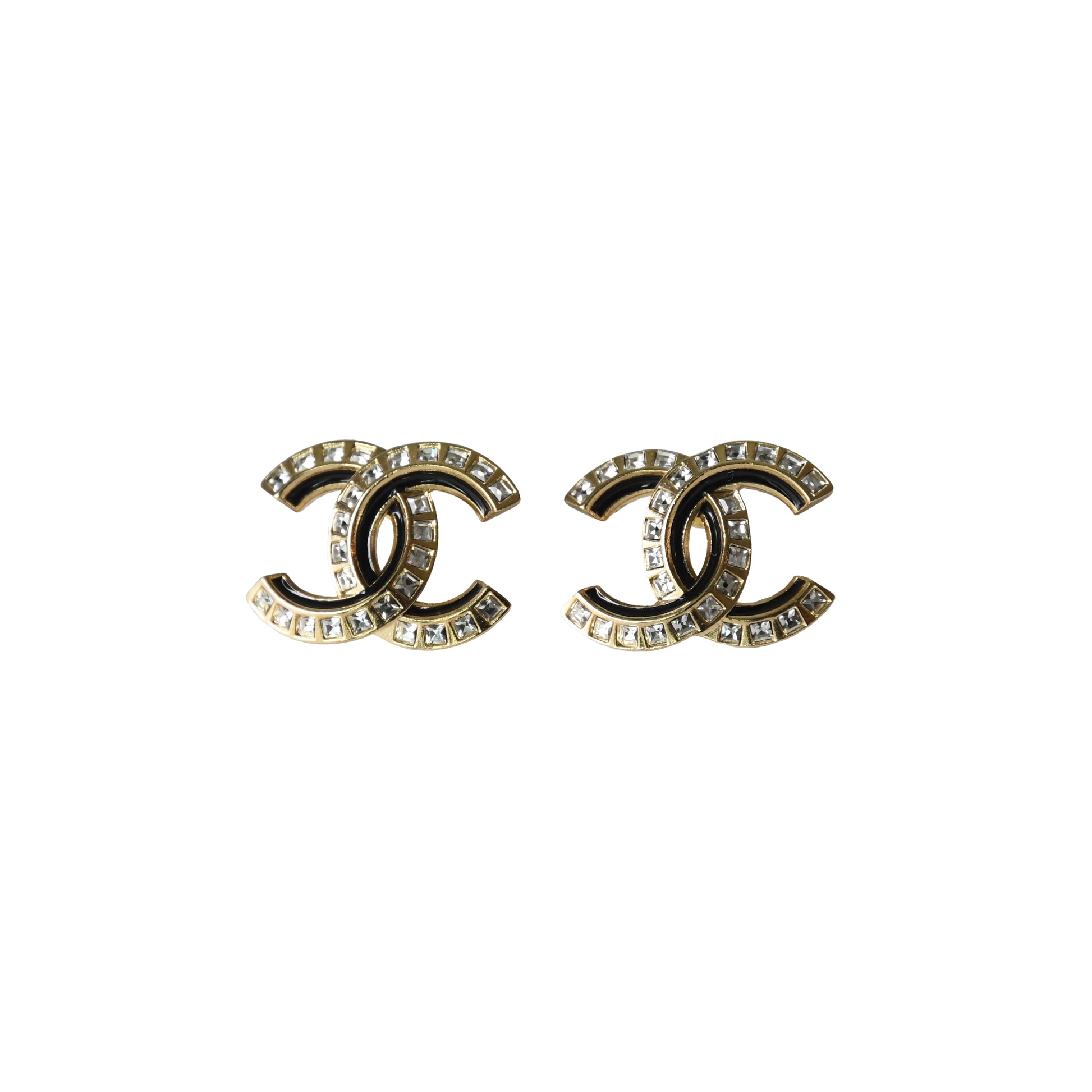Chanel CC Crystal Strass Stud Earrings Black Gold-NOBLEMARS