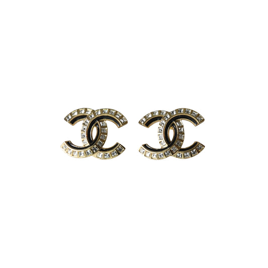 Chanel CC Crystal Strass Stud Earrings Black Gold-NOBLEMARS