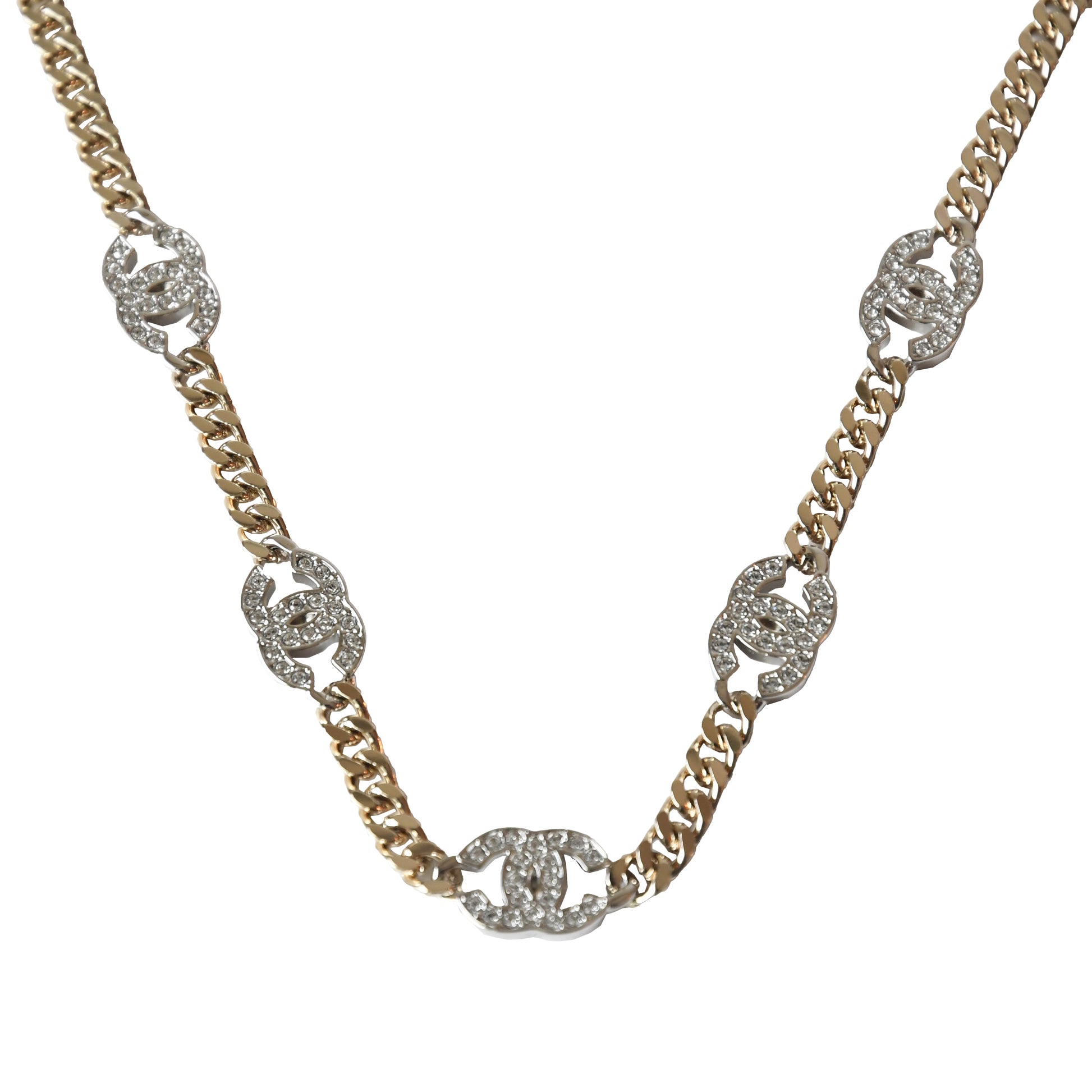Chanel Crystal Strass Chain CC Link Choker Necklace Gold Silver-NOBLEMARS