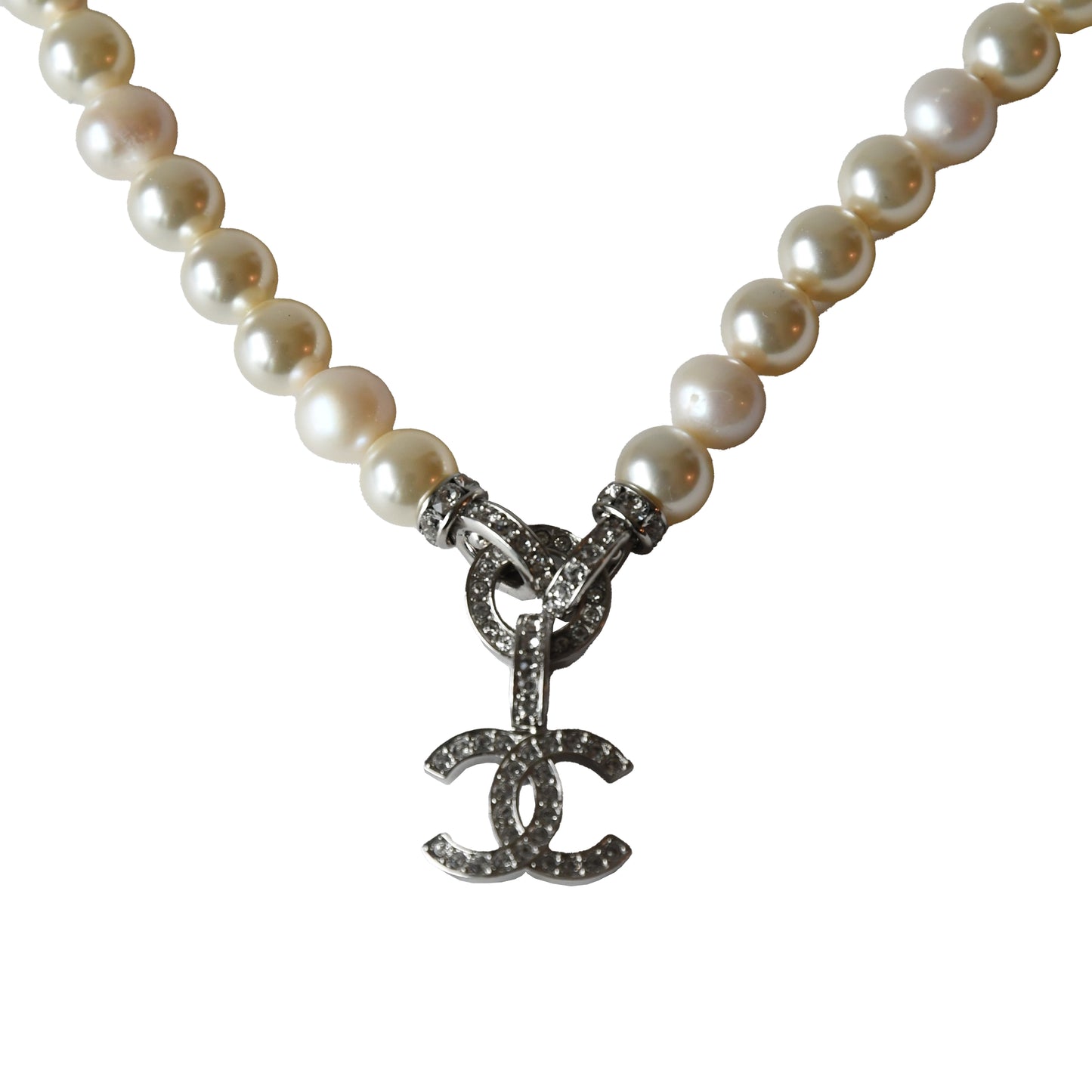 Chanel 25S CC Crystal Strass Drop With Pearl Necklace Silver-NOBLEMARS