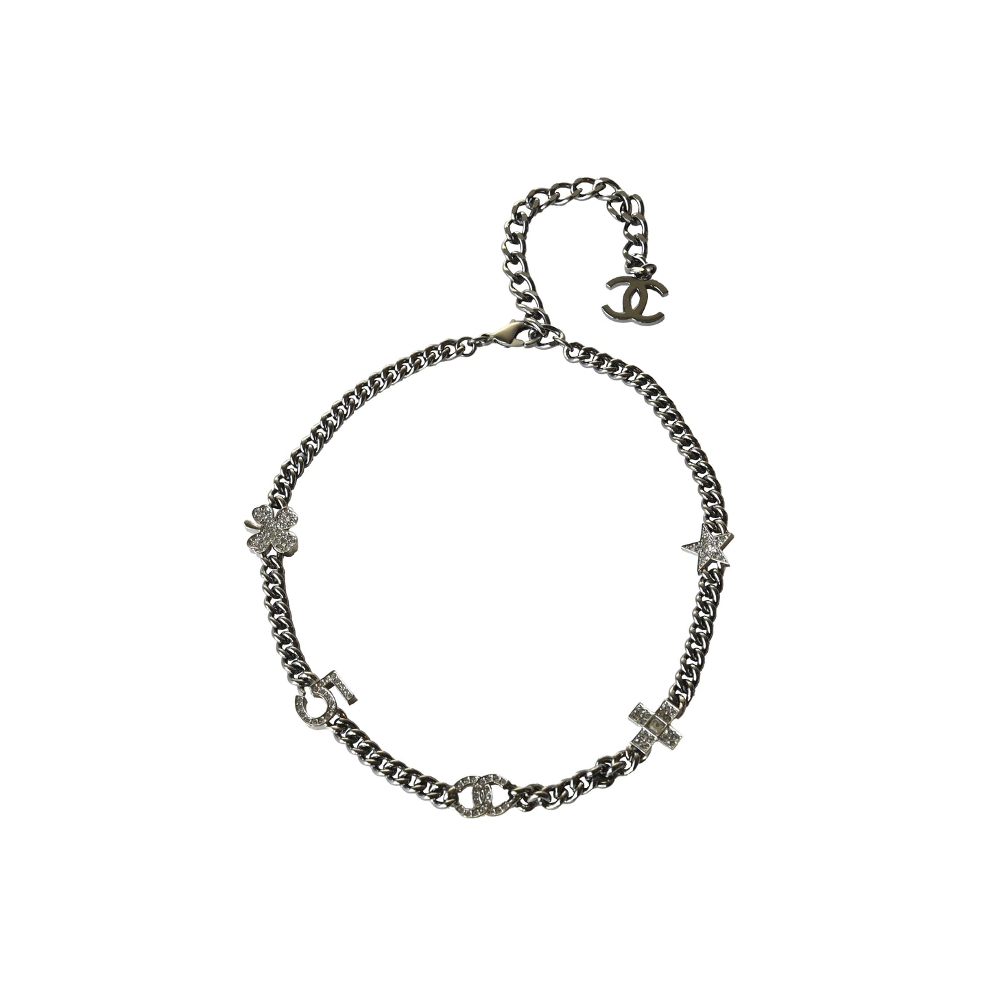 Chanel Crystal Strass Clover No.5 CC Mark Cross Star Necklace Silver-NOBLEMARS