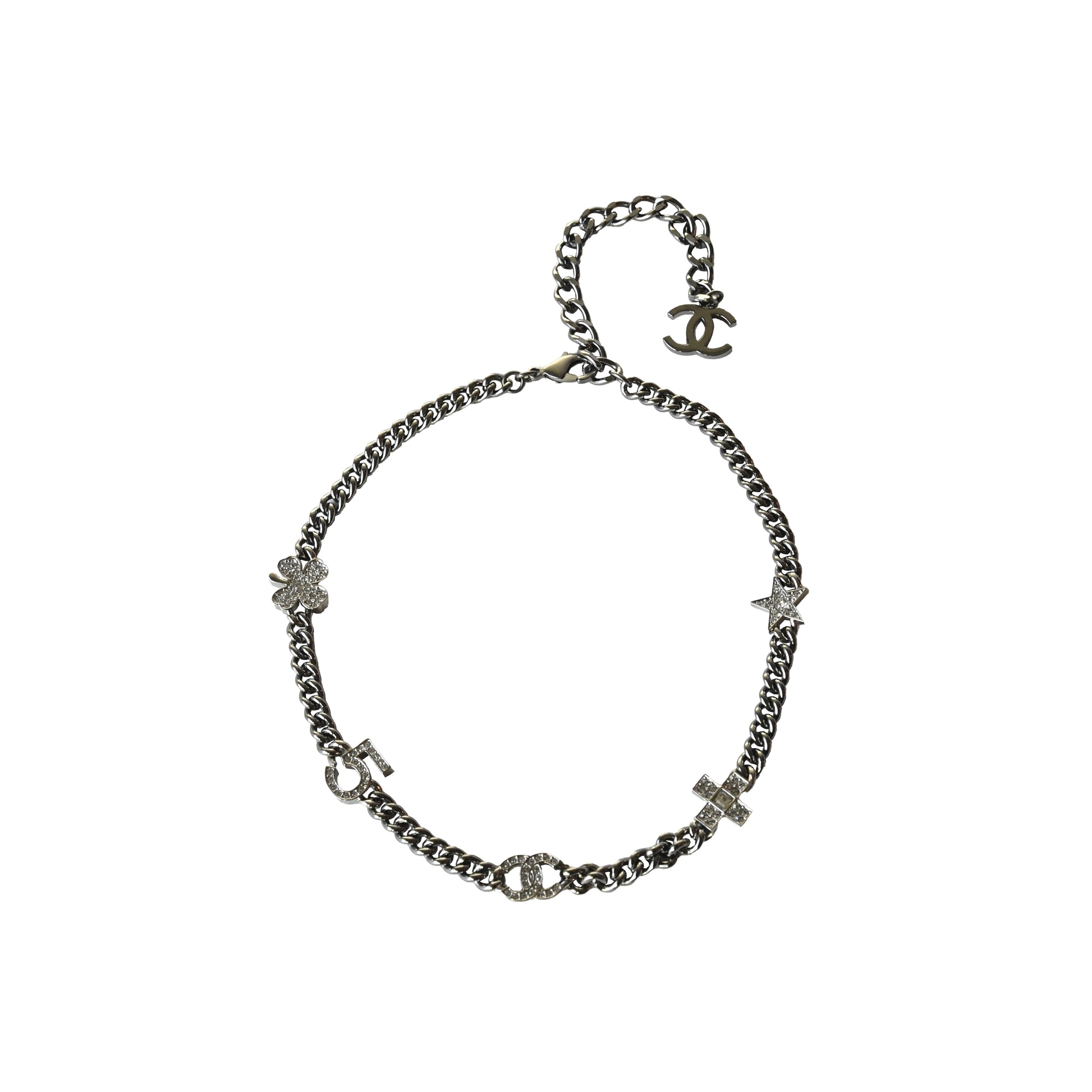 Chanel Crystal Strass Clover No.5 CC Mark Cross Star Necklace Silver-NOBLEMARS