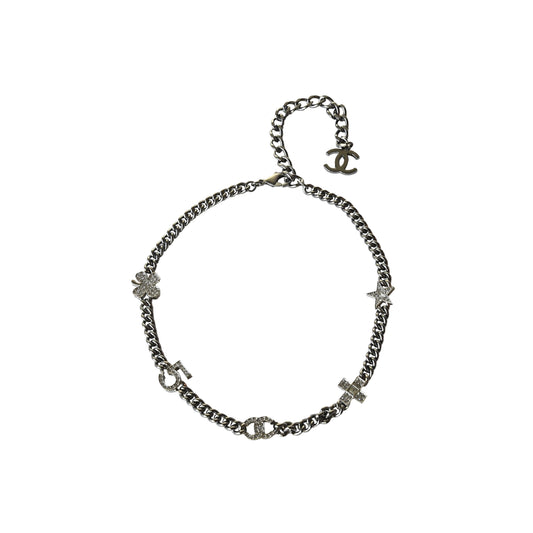 Chanel Crystal Strass Clover No.5 CC Mark Cross Star Necklace Silver-NOBLEMARS