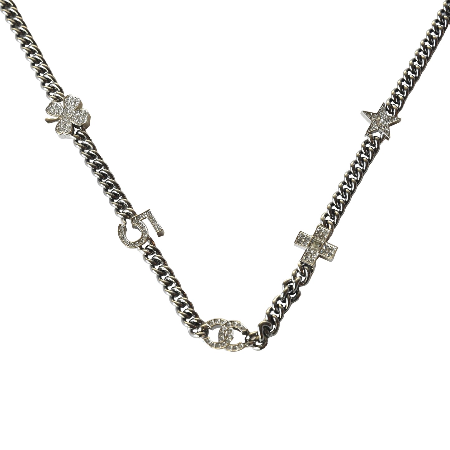 Chanel Crystal Strass Clover No.5 CC Mark Cross Star Necklace Silver-NOBLEMARS